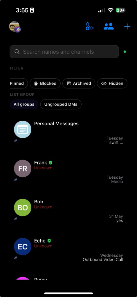 Nudge contact list on iPhone in dark mode